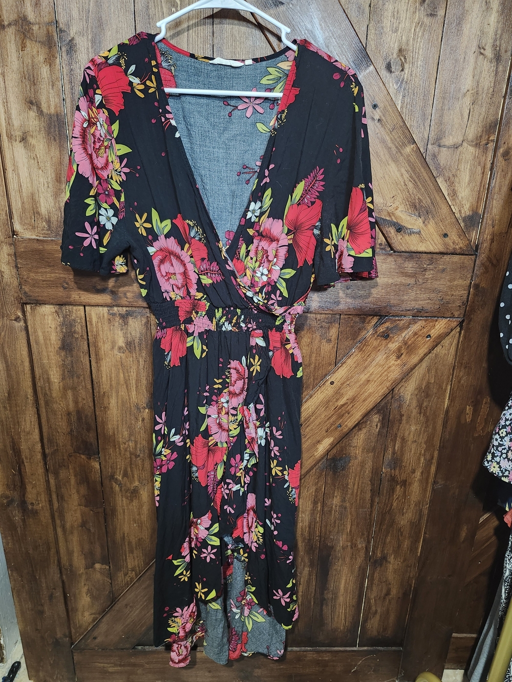 Black Floral Wrap Midi Dress High-low Style with Pink Red Blooms